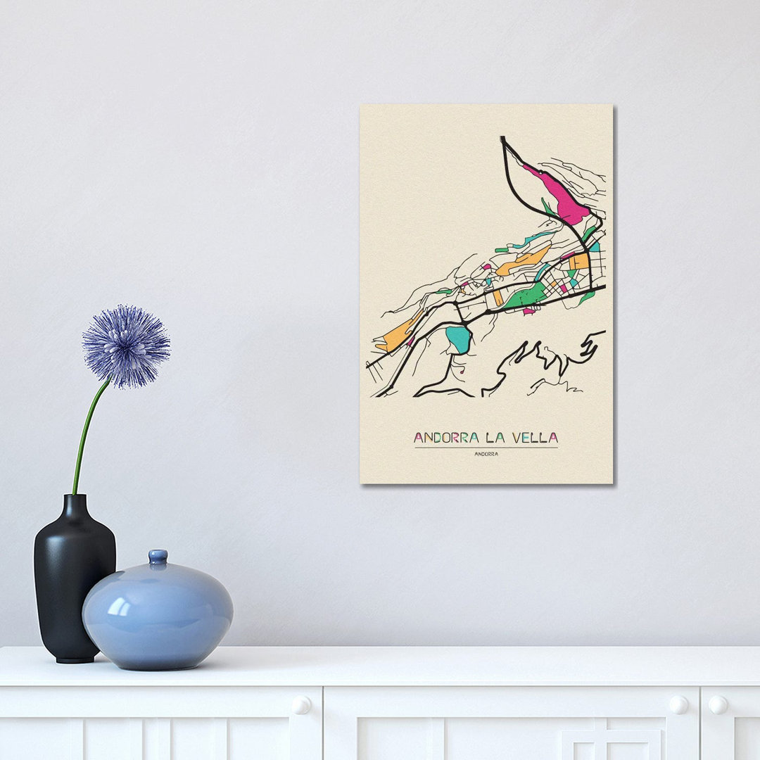 Andorra La Vella, Andorra Map by Ayse Deniz Akerman - Print on Canvas