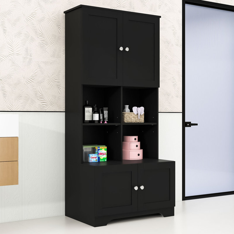 Wood Freestanding Bathroom Storage Cabinet with Adjustable Shelves and Multi-Layer Open Shelves, Black