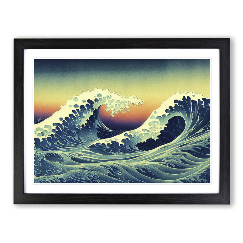 Japanese Waves Crashing - Single Picture Frame Print, Black, 46cm H x 64cm W x 2cm D