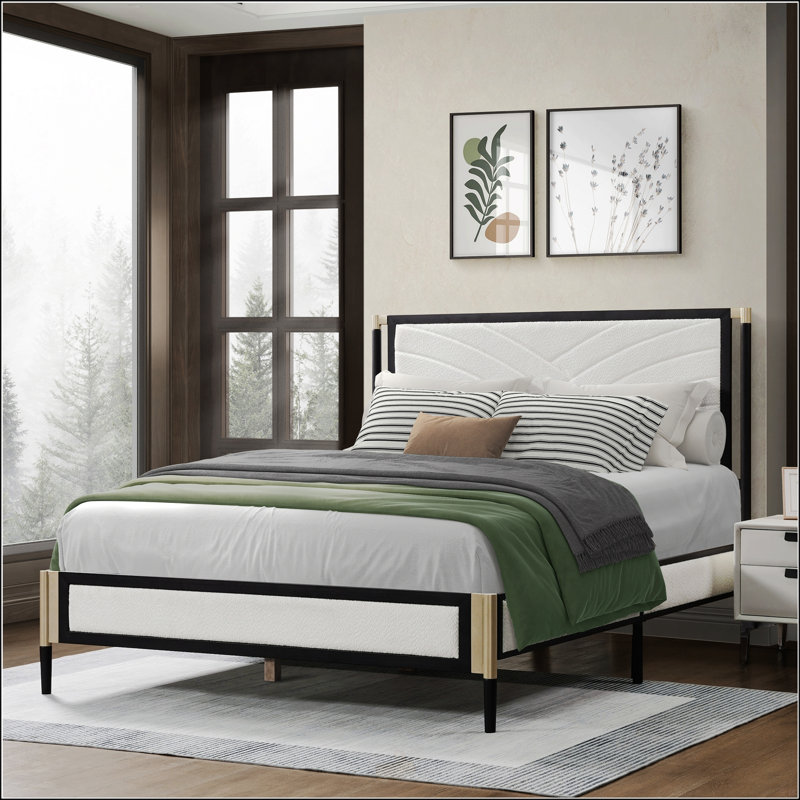 Grand lit avec tête de lit blanche en tissu Boucle, Grand lit