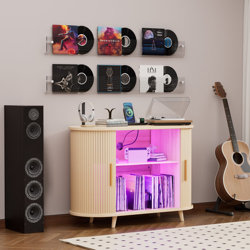 39in Large Record Player Stand with Charging Station & LED Light, Natural Oak, 28.7" H x 39.4" W x 15.7" D, Oak