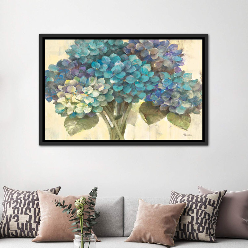Turquoise hortensia par Albena Hristova - reproduction d'art, H 40 po x l 60 po x 1,5 po, Toile avec cadre noir patiné