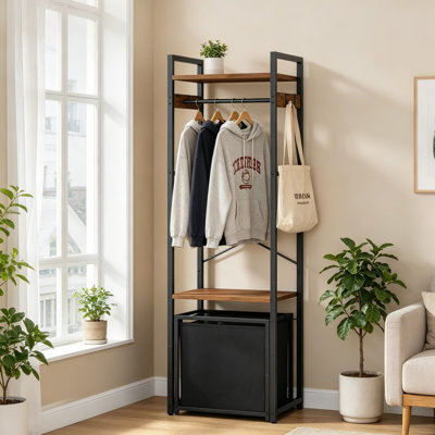 Coat Rack with 35L Tilt Out Laundry Basket, Freestanding Clothes Garment Rack with Dual Shelves and Side Hooks, X-Shaped Sturdy Hall Tree for Bedroom Entryway Laundry Room, Brown