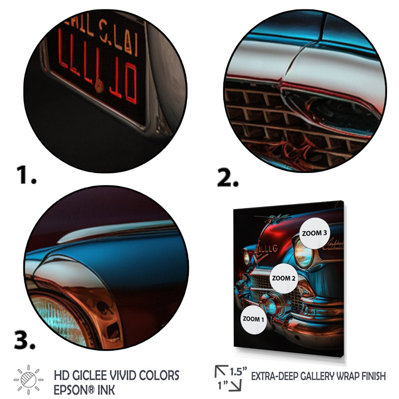 Red and Silver Retro Rides II - Retro Car Wall Art Living Room, H 20 po x l 12 po, Cadre photo noir