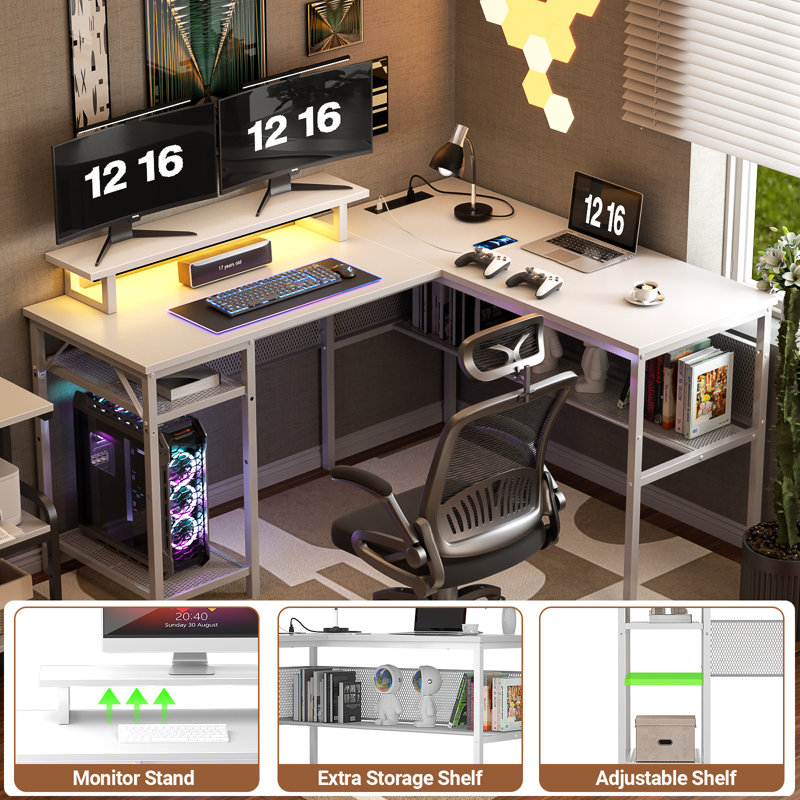 Toria 55'' L-Shaped Desk with Storage, Power Outlets and LED Strip, White/White