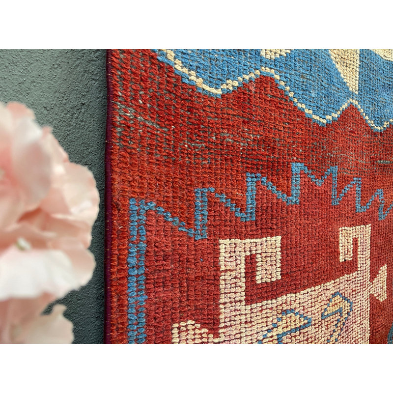 32.7x116.9 Inch Red Wool Kilim Patchwork Runner Rug, Unique Handmade Design