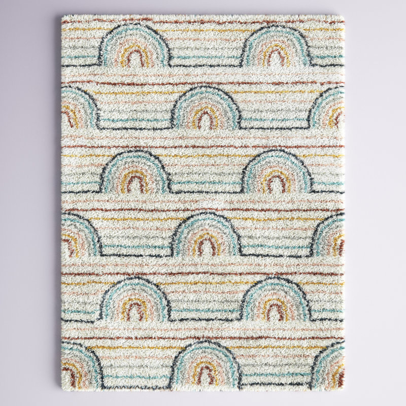 Alec Rainbow Shag Area Rug, Cream Rainbow, Rectangle 4'4" x 6'