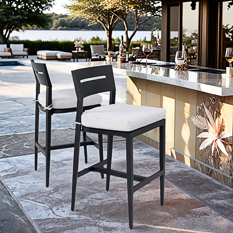 2PC Modern Outdoor Bar Stools, Patio Bar Chair With Ergonomic Backrest, Cast Silver