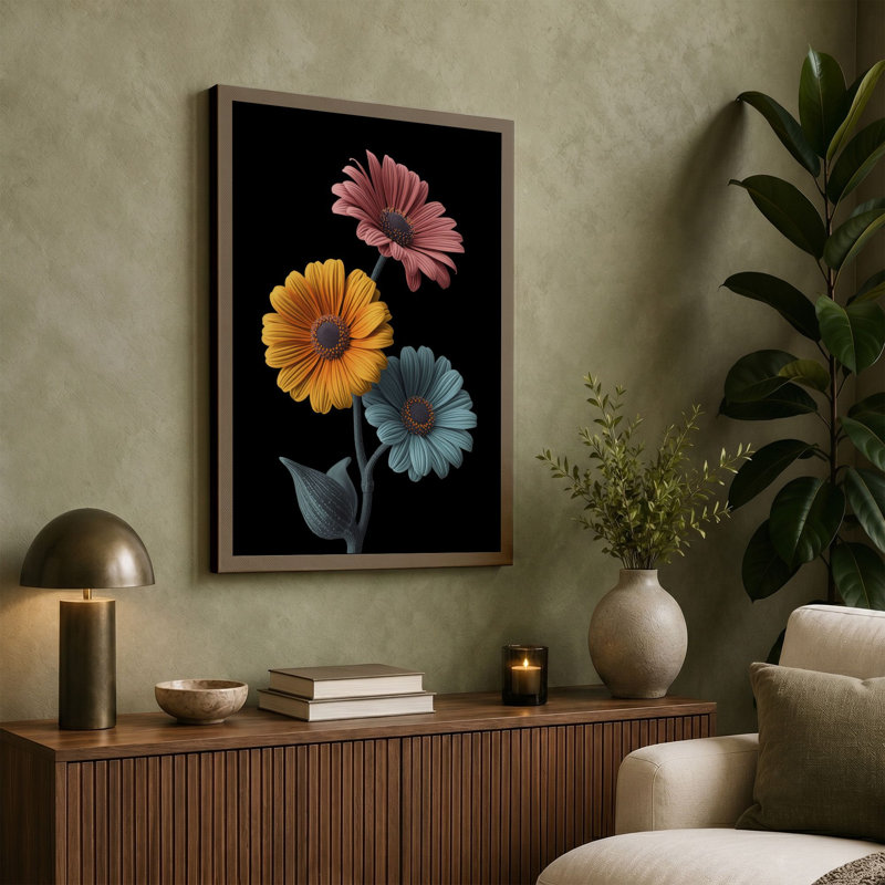 Three Gerbera Blooms Botanical - Wrapped Canvas, 18x12 - 45.7 x 30.5 cm, Ochre Border