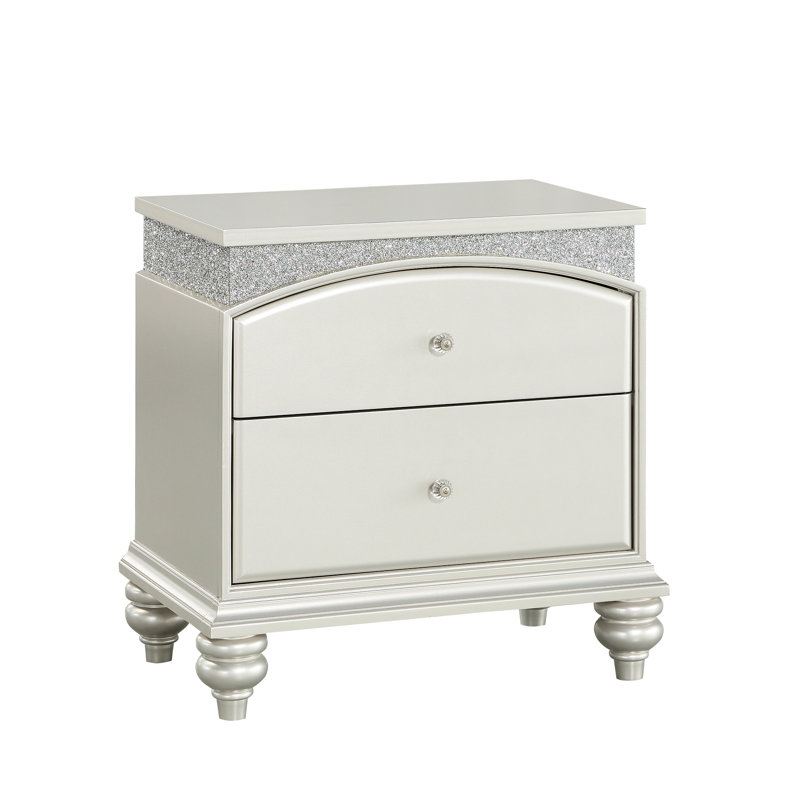 Magnificent Silver Nightstand With Two Spacious Drawers - Platinum Finish Sophisticated Platinum Synthetic Wood Drawers, 28" Width X Height 17" Depth