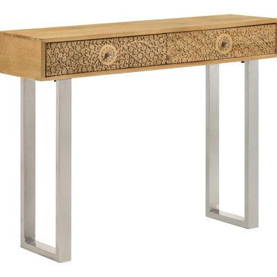 Natural And Silver Finish 2 - Drawer Rectangular Console, Sled Style Base For Modern Appeal, Easy Access Drawers, 12 Inches Wide Console Table Featuring Wood Silver, Sleek Base, Grip Knob Handles,