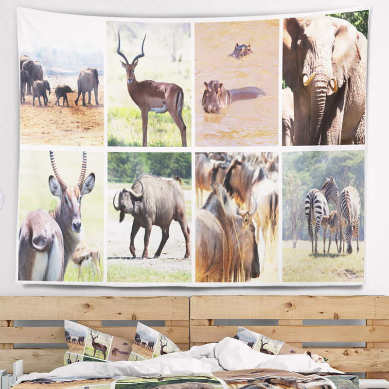 Tapisserie collage animalier, H 32 po x l 39 po