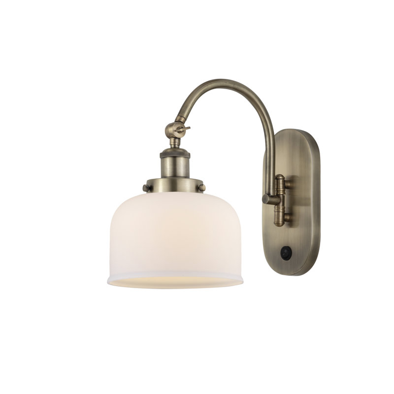 Shauna 8" W Metal 1-Light Swing Arm Sconce with Bell Glass Shade, Matte White, Antique Brass, Incandescent