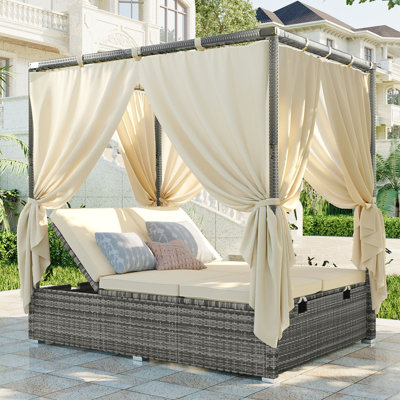 Arnger 79.48" Wide Outdoor Wicker Patio Daybed with CushionsU_Style Adjustable Sun Bed With Curtain,High Comfort, by Hokku Designs