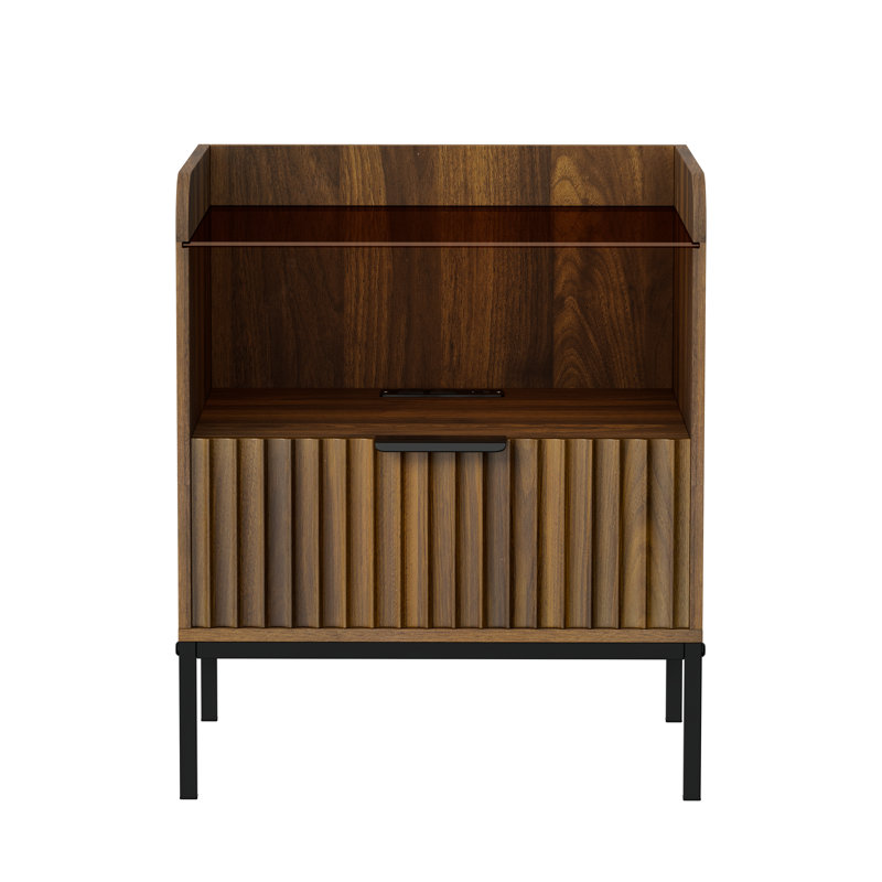 Arlen Modern Bedside Table with Charging Station & Glass Top â€“ 1-Drawer Nightstand,2Pcs, Black/Brown, Individual