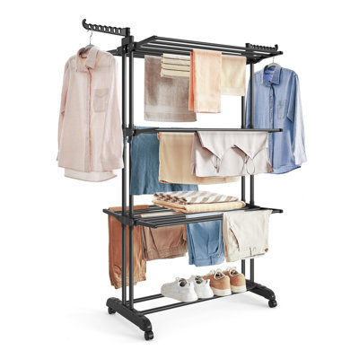 Séchoir à vêtements à 4 niveaux, pliable, séchoir à linge de 68,1 pouces de hauteur, en acier inoxydable, porte-séchoir à linge à roulettes, facile à assembler, intérieur et extérieur