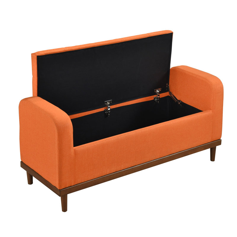 Banc Mid-Century moderne en bois massif avec finition noyer avec rangement sur le dessus pour chambre à coucher en tissu