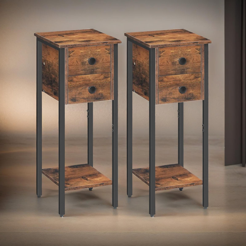 Wooden Bedside Tall Table Set with Drawers Side End Tables Bedroom Living Room Furniture, Brown