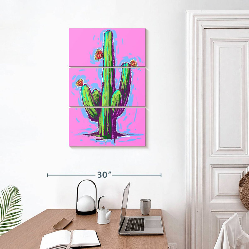 Cactus sur fond rose vif, H 32 po x l 20 po