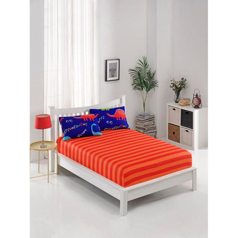 Ensemble de draps de qualité supérieure (2 pièces), bleu et rouge / orange, 63 x 79 (drap-housse) et 19,7 x 27,6 (taie d'oreiller) | 65% coton / 35% polyester, 120 fils | Lavable à la machine, fermeture des enveloppes, doux et confortable