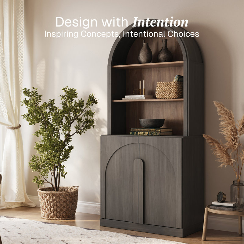 71" Tall Arched Bookshelf with Storage, Ebony, Ebony