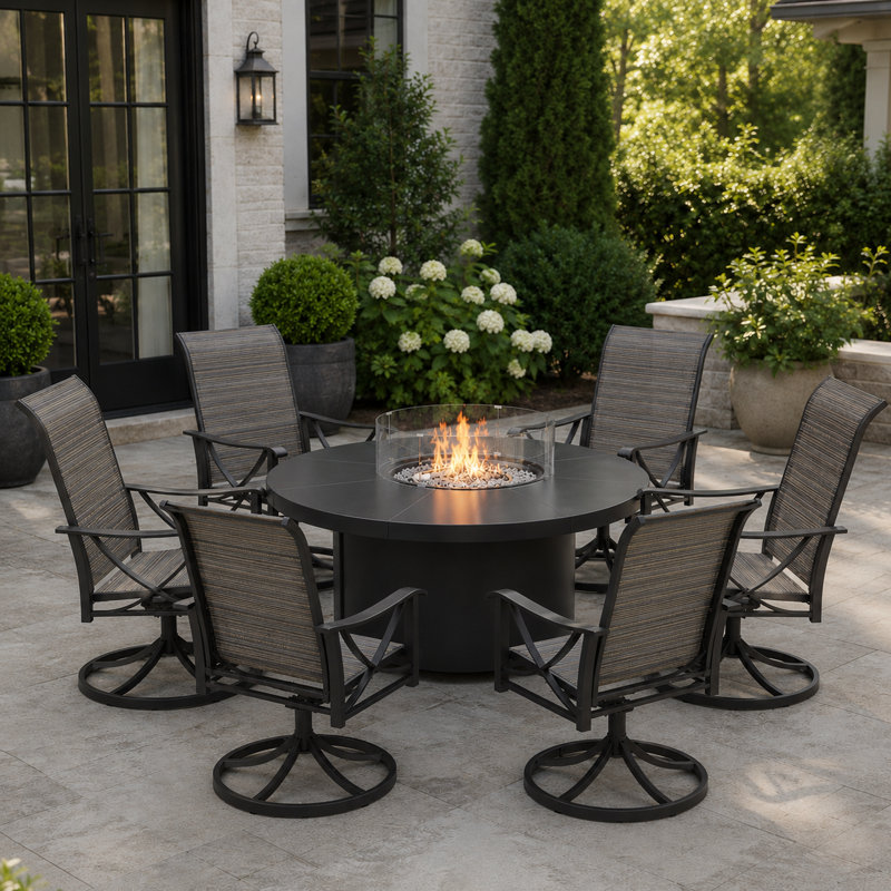 Ensemble de conversation pour patio 6 personnes, table ronde avec foyer en verre et 4 chaises berçantes pivotantes et berçantes Teslin