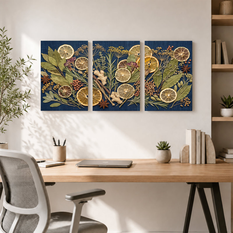Ensemble de 3 toiles d'agrumes séchées et épices culinaires sur fond bleu marine, 24"H x 16"W x 3pcs