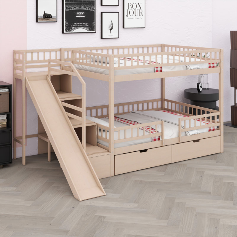 Lit superposé avec rangement pour escalier, glissières et tiroirs de rangement, Walnut