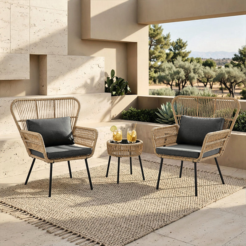 Charlcy 2-Person Boho-Style Wicker Outdoor Seating Group With Cushions, Black Cushion/Yellow Frame
