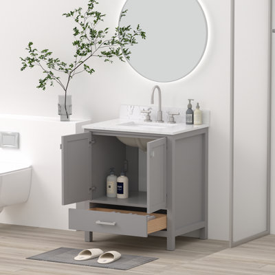 Meuble-lavabo autoportant en bois massif de 30 po avec plateau en pierre reconstituée