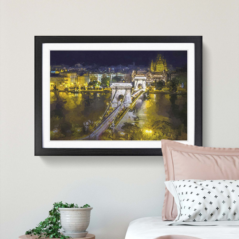 Chain Bridge in Budapest Hungary in Abstract - Picture Frame Graphic Art Print, Black Framed, 48cm H x 65cm W x 2cm D