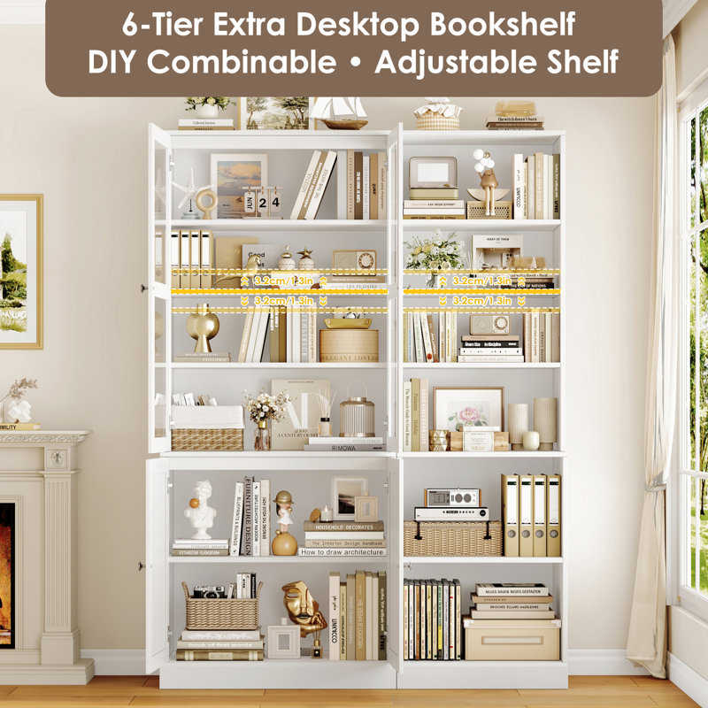 73.2''H X 31.5''W Tall Bookcase Cabinet With Glass Doors & 6-Tier Storage Shelves