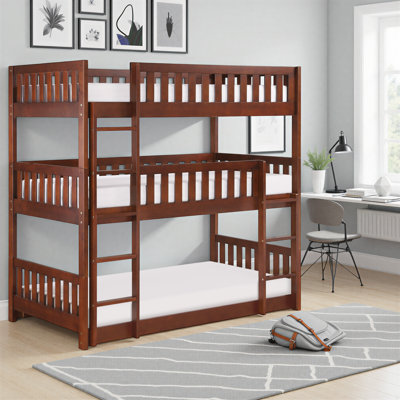 Willard Transitional Wood Triple Bunk Bed with 6" Memory Foam Mattress, Protective Guard Rails & Convertible Design