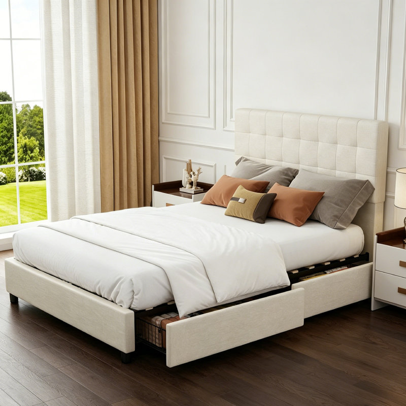 Structure de grand lit avec 4 tiroirs, lit plateforme avec tête de lit, aucun sommier requis, Blanc, Grand lit