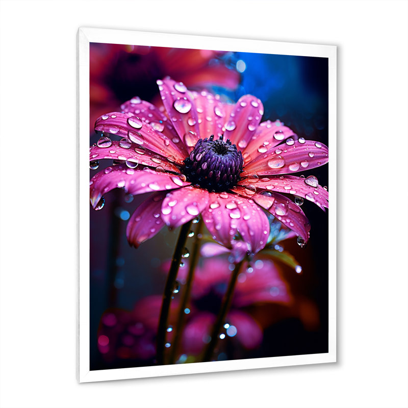 «Dew Drops on Pink Marguerite Flower», reproduction sur toile, H 20 po x l 12 po x P 1 po, Cadre simple blanc