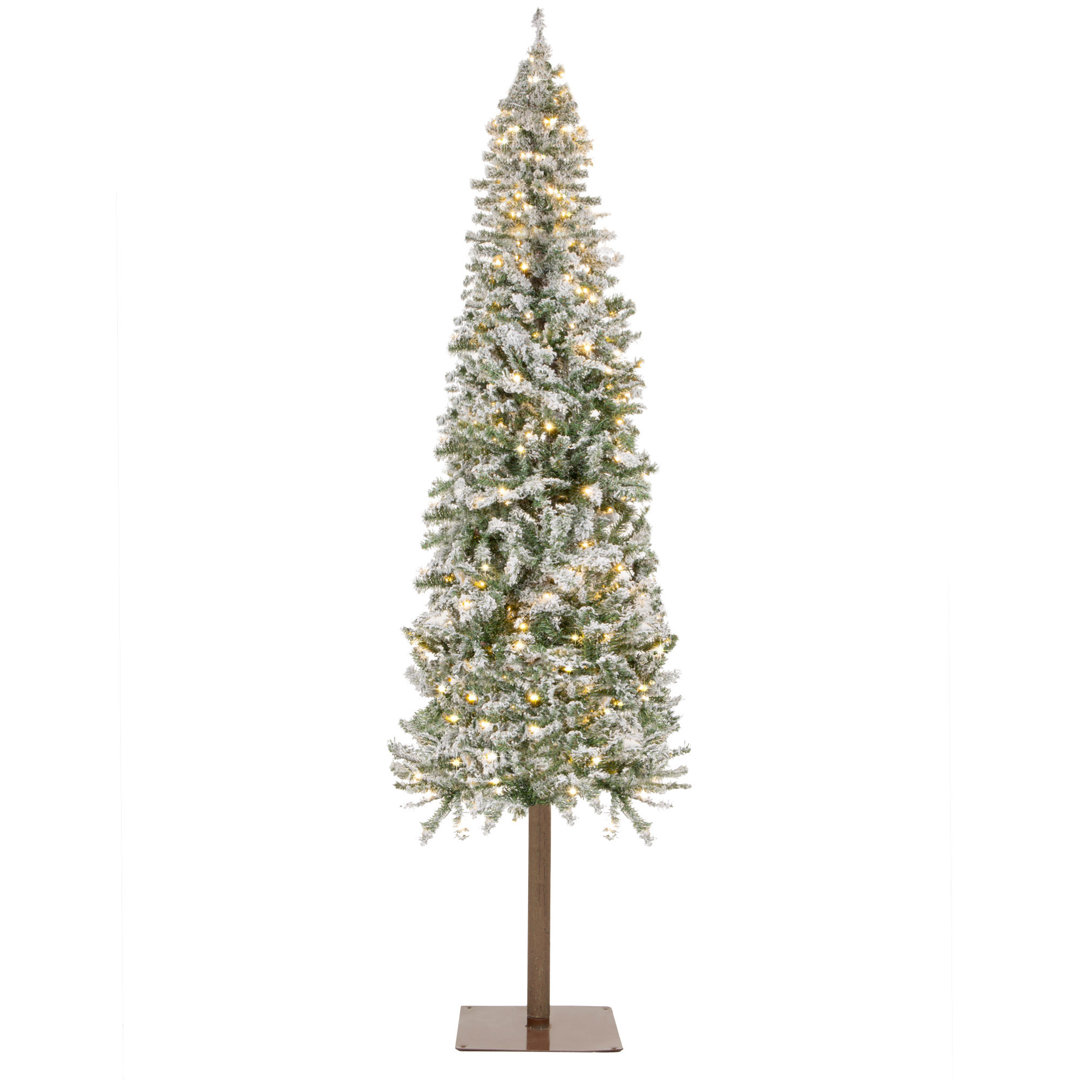 Pre-Lit Slim Pencil Christmas Tree, Snow Flocked Holiday Decoration w/ LED Lights, Stand The Holiday Aisle® 