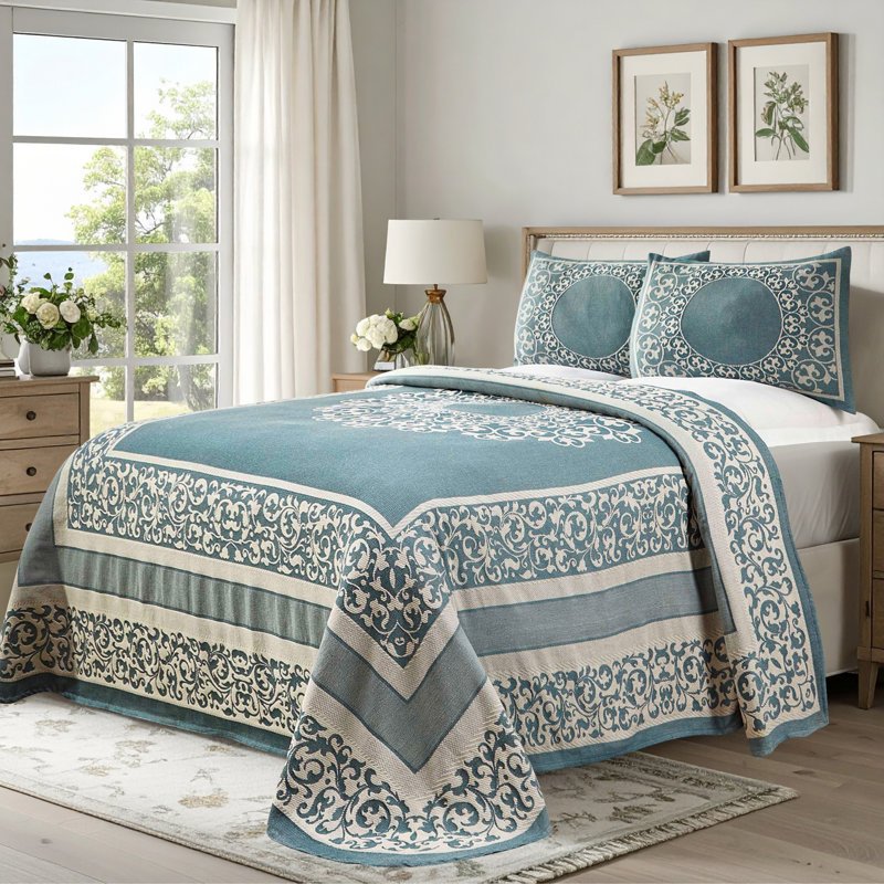 Fifer Lightweight Cotton Blend Oversized Jacquard Farmhouse Mandala Bedspread Set, King, Cerulean Blue