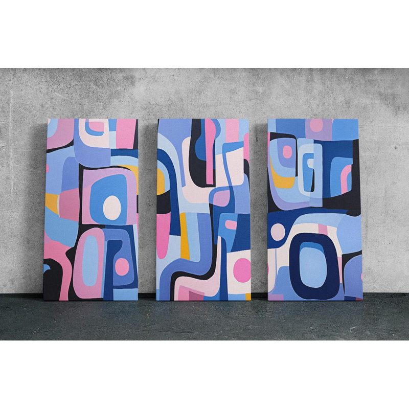 «Triptych», art mural moderne sur toile, peinture géométrique bleue et rose - grande décoration murale contemporaine, reproduction artistique audacieuse