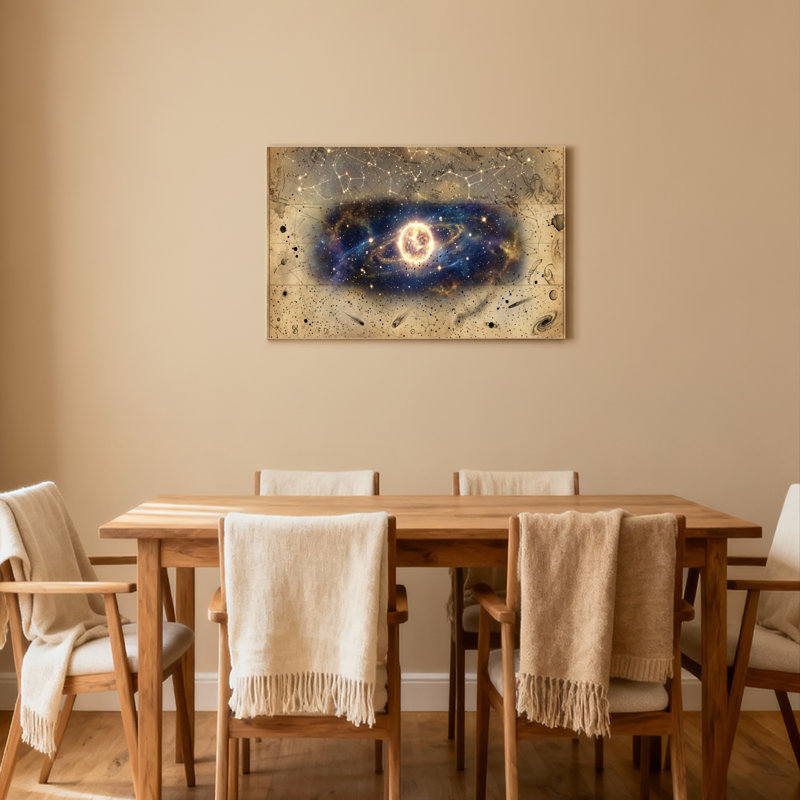 Ensemble d'une toile tendue représentant une carte des nébuleuses et des constellations, H 20 po x l 30 po