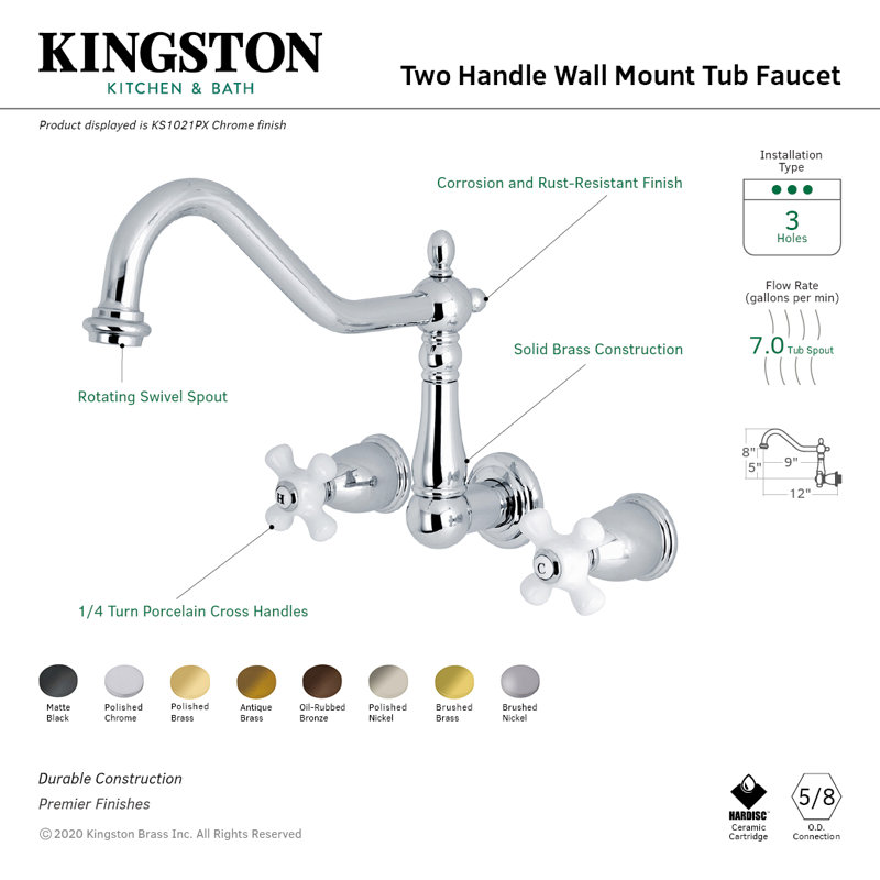 Kingston Brass Heritage Two-Handle 3-Hole Wall Mount Roman Tub Faucet, Vintage Brass
