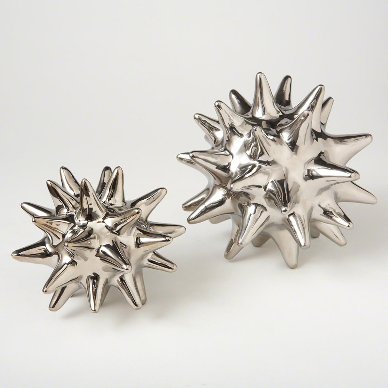 Urchin Shiny Silver Object, 7" H x 7" W x 7" D