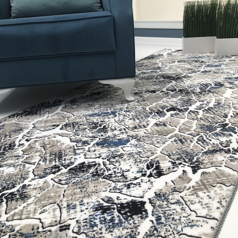 Tapis abstrait en polyester tissé à la machine noir / blanc / gris Tedrow, Tapis de couloir 2 pi 7 po x 6 pi 7 po