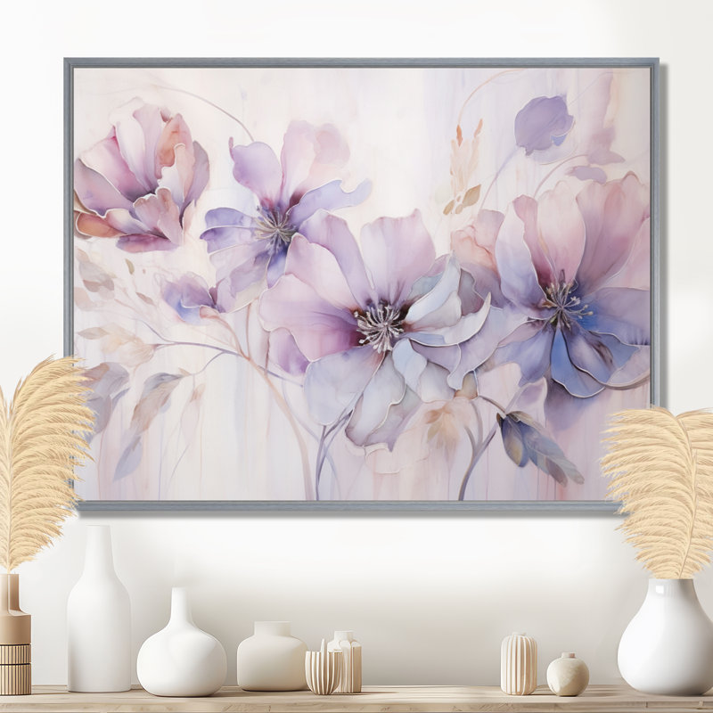Mauve Botanical Whispers I - Abstract Botanicals, reproduction d'art encadrée, H 34 po x l 44 po, Encadrement argenté