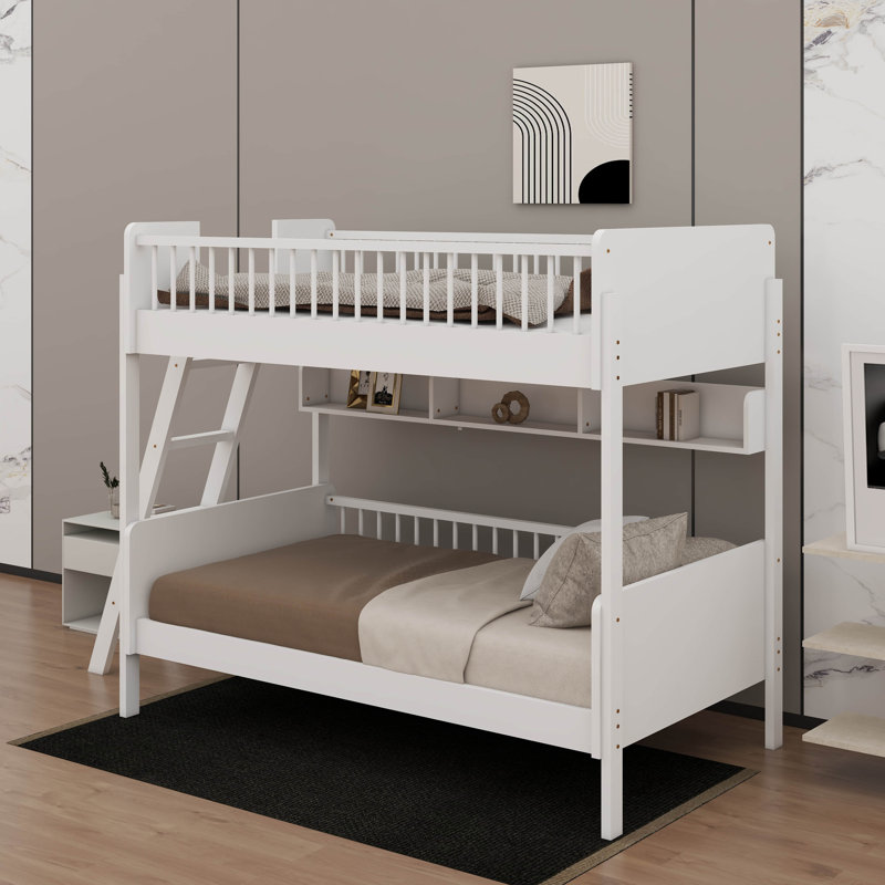 Twin Size Wooden Bunk Bed With 3 Storage Shelves, White