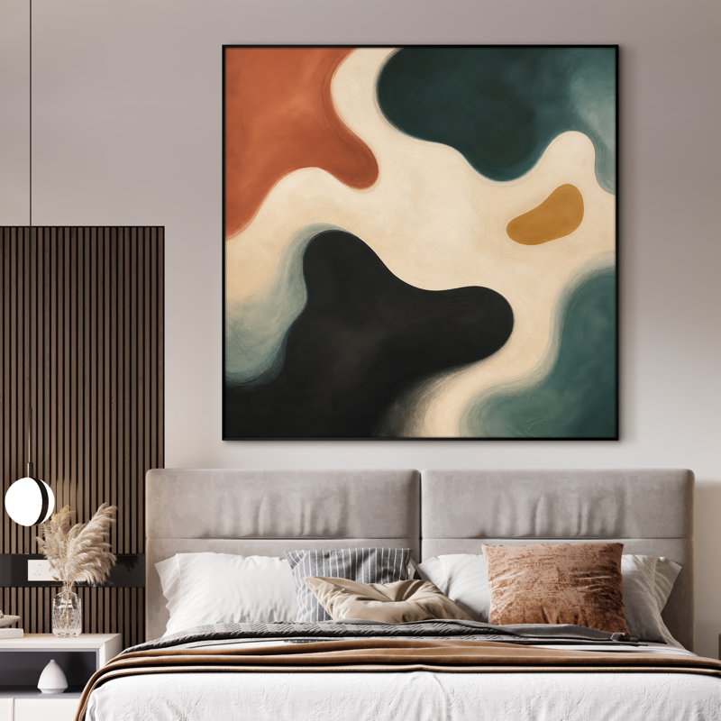 Très grand art mural imprimé - formes organiques fluides en noir, bleu sarcelle, rouille et crème pour le salon ou la chambre à coucher - «Assemblage requis du cadre (cadre non fini)»