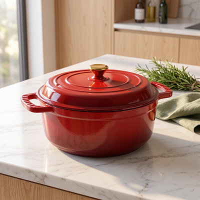 7.5 Qt. Round Enameled Cast Iron Dutch Oven with Lid and Silicone Mitts in Gradient Red