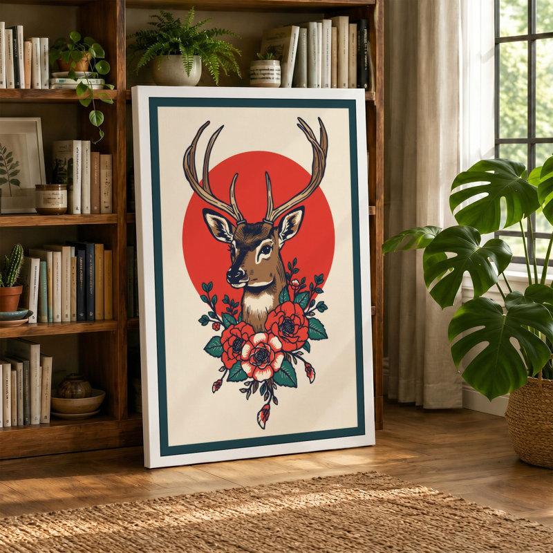 Crowned Deer Boho - Wrapped Canvas, 18x12 - 45.7 x 30.5 cm, Sage Border
