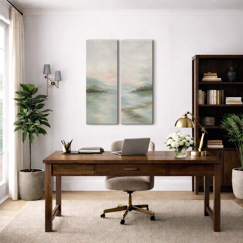 Paysage côtier brumeux bleu sauge doux – Ensemble de 2 impressions d'art encadrées sur toile 32 po x 12 po x 2