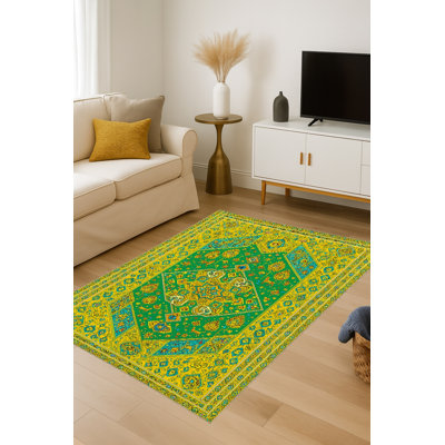 Tapis vert tissé à motif lavable Mosso