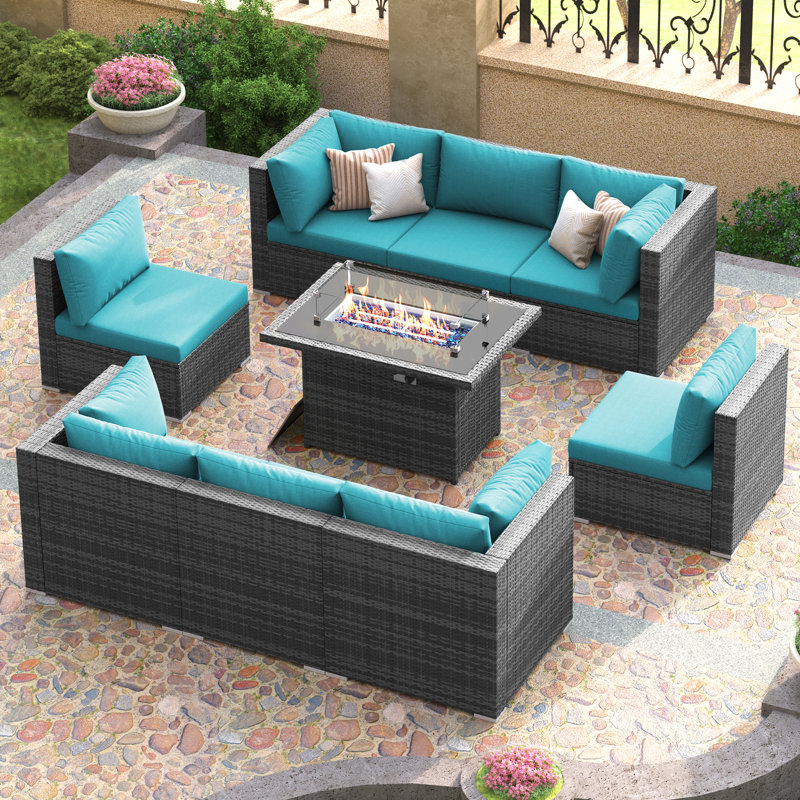 Ensemble de conversation de patio en osier 9 pièces avec table de foyer rectangulaire modulaire, double combustible, 60 000 BTU